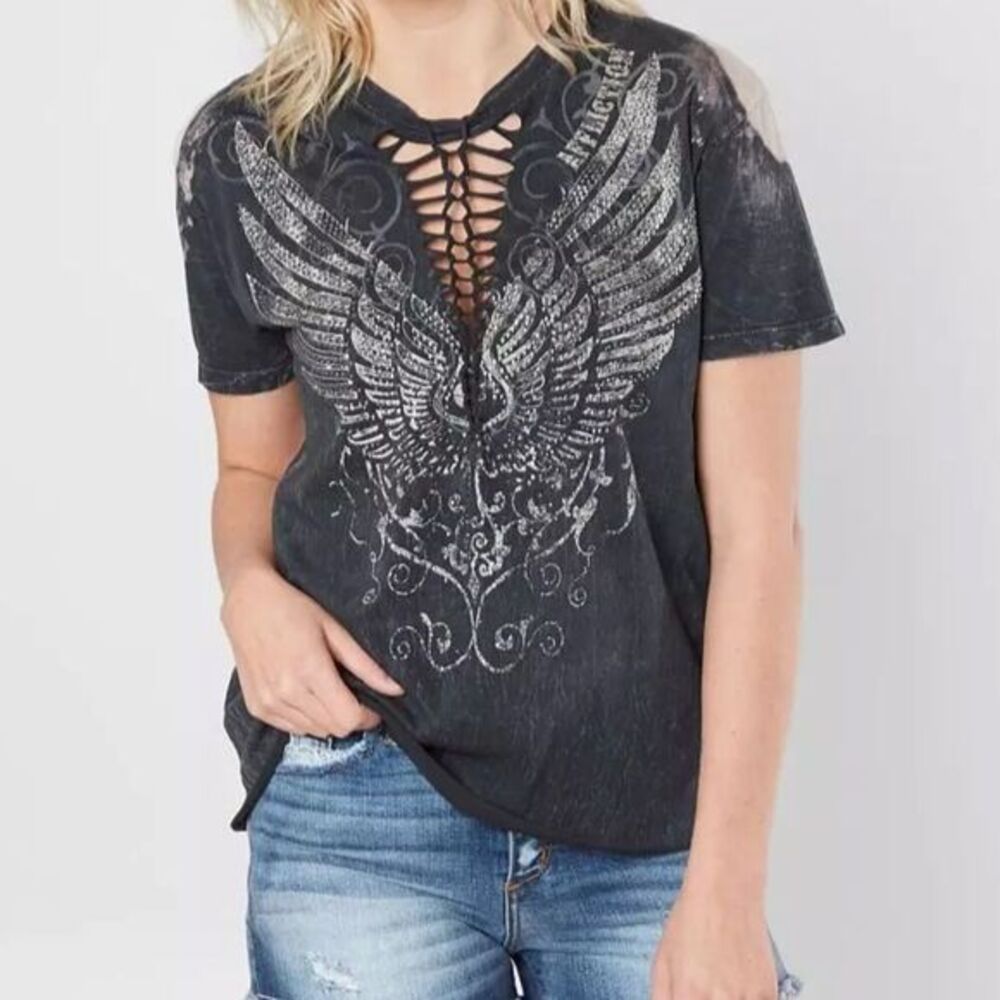 Affliction S Rhinestone Wing Bleach Wash Graphic Tee Bikercore Grunge Moto Punk